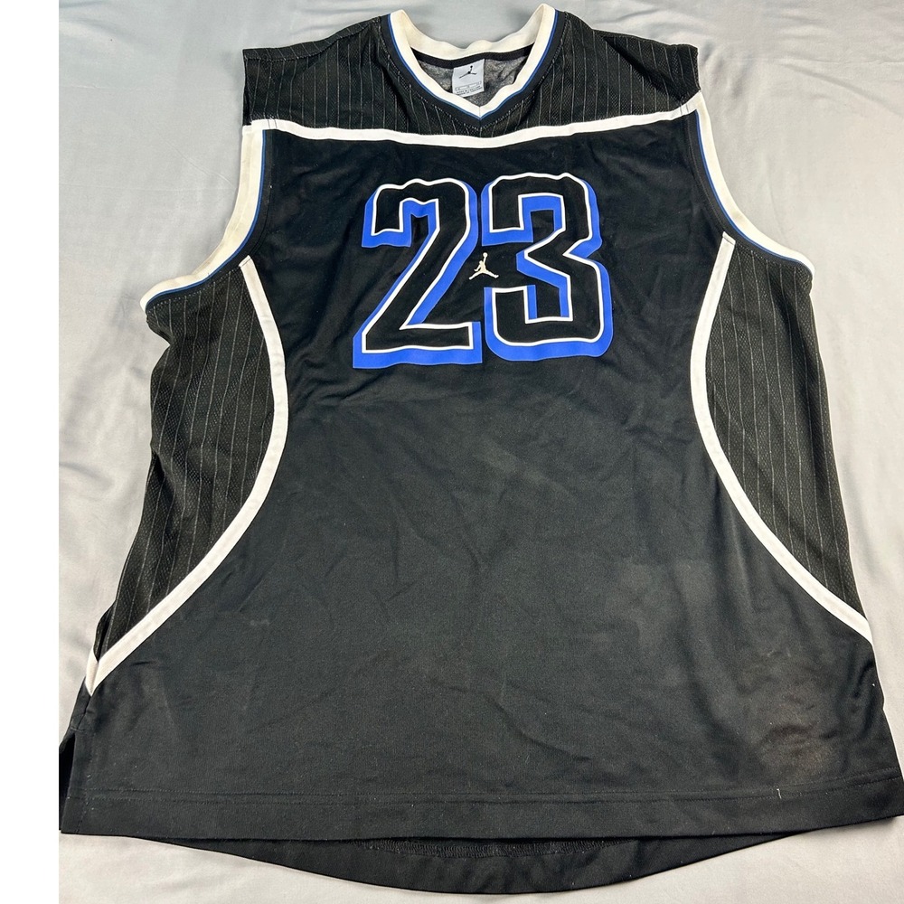 Jordan Brand 23 Basketball Jersey Mens XL Black Blue Pinstripe Mesh V-Neck Tank
